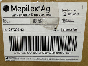 1-Box(25)Mepilex® Ag Antimicrobial foam dressing with Safetac® technology 6" x 6" (15 x 15cm)