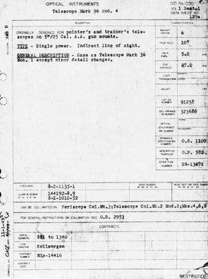 USN WW2 1944 BUREAU OF ORD. KOLLMORGAN OPTCIAL CORP. TELESCOPE MARK 36 Mod. 4
