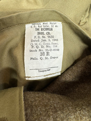 Original 1945 WW2 U.S. Army OD Wool Overcoat,Size 38Reg.