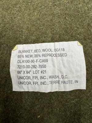 NEW OLD STOCK U.S. Original OD Green OD118 100% Wool Blanket 66"x 84" Dated 1990