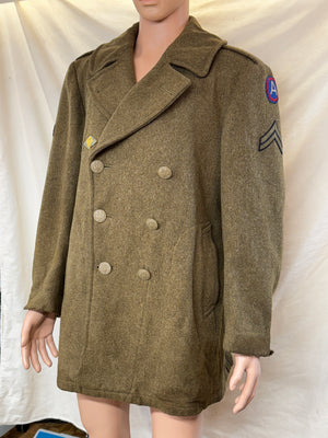 32 Ounce Roll Collar Olive Drab Melton Wool Overcoat W/Patches