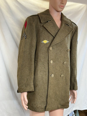 32 Ounce Roll Collar Olive Drab Melton Wool Overcoat W/Patches