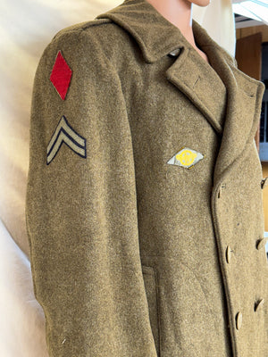 32 Ounce Roll Collar Olive Drab Melton Wool Overcoat W/Patches