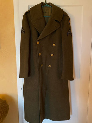 WWII U.S. Army Air Force Corporal Military Officer's Long Wool Olive Jacket Coat