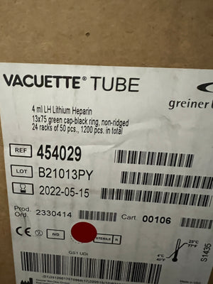 Vacuette 454029 4ml Tubes Non-Ridged Case 1200 New Sealed