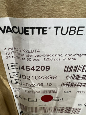 Vacuette 454209 4ml Tubes Non-Ridged Case 1200 New Sealed