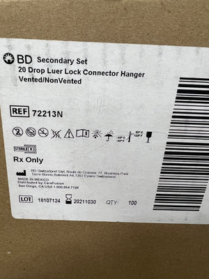 BD secondary set 20 drop Luer connector Hanger vented/non vented